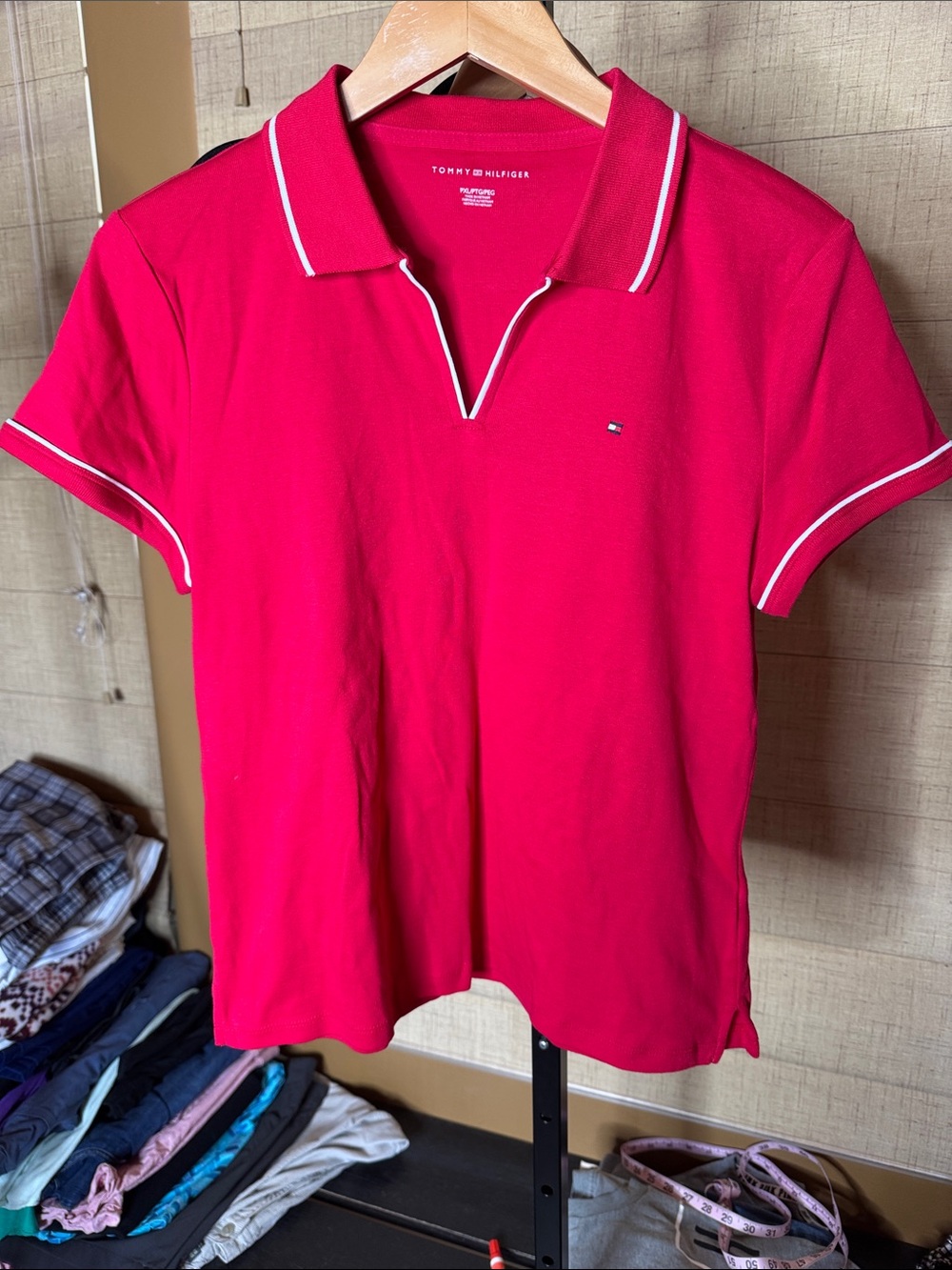Tommy Hilfiger Red Johnny Collar Polo Shirt PXL White Trim Cotton Top - Picture 2 of 8